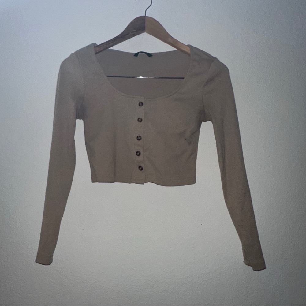 Brown Long Sleeve Cropped Button Down Shirt